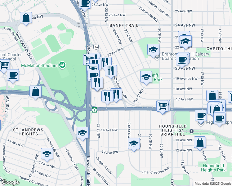 map of restaurants, bars, coffee shops, grocery stores, and more near 2231 Banff Trail Northwest in Calgary