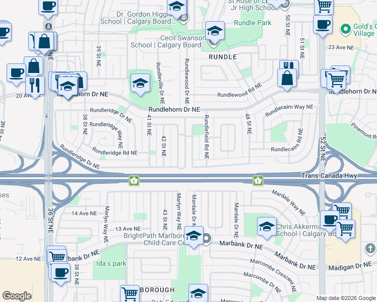map of restaurants, bars, coffee shops, grocery stores, and more near 148 Rundlefield Crescent Northeast in Calgary