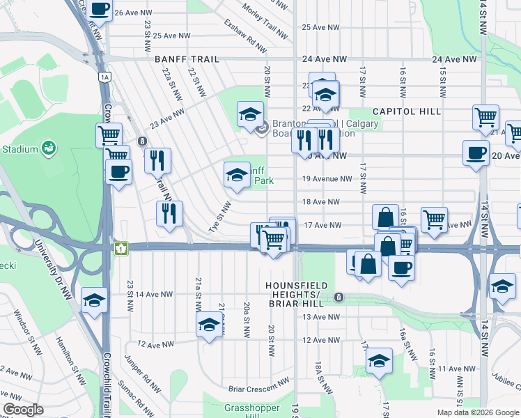 map of restaurants, bars, coffee shops, grocery stores, and more near 2026 18 Avenue Northwest in Calgary