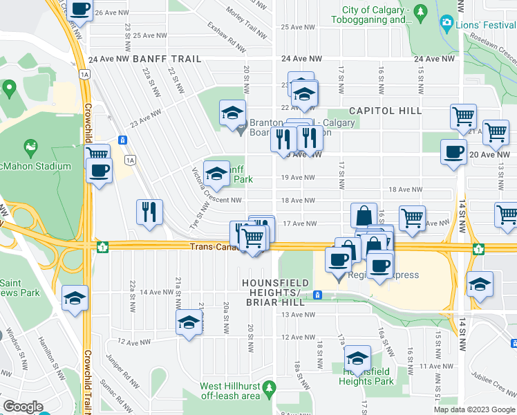 map of restaurants, bars, coffee shops, grocery stores, and more near 2015 18 Avenue Northwest in Calgary