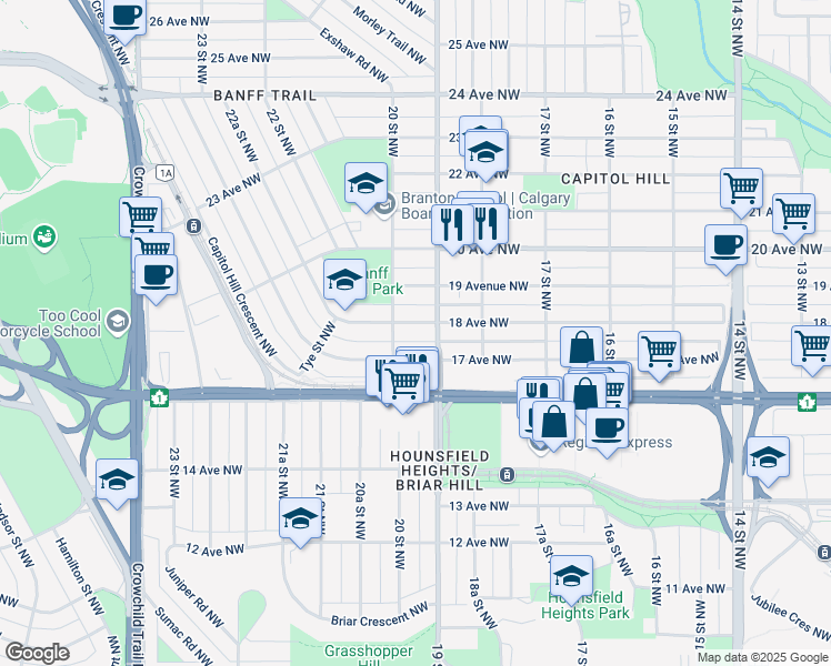 map of restaurants, bars, coffee shops, grocery stores, and more near 2004 18 Avenue Northwest in Calgary