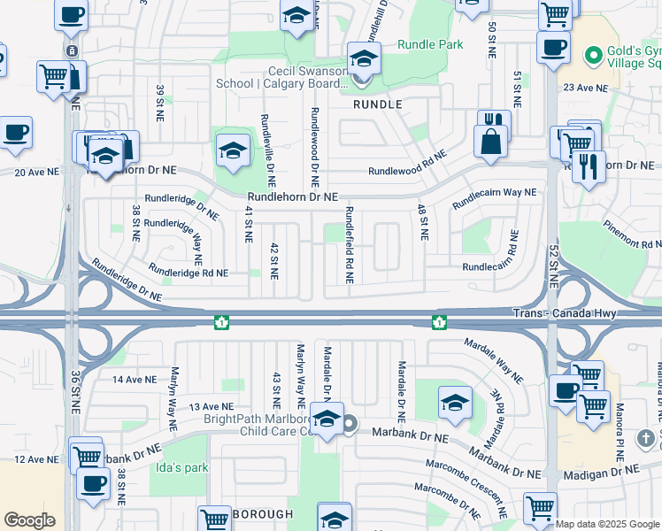 map of restaurants, bars, coffee shops, grocery stores, and more near 159 Rundlefield Crescent Northeast in Calgary