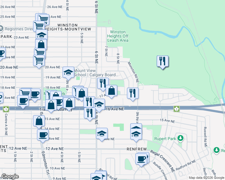map of restaurants, bars, coffee shops, grocery stores, and more near 6 Marlowe Place Northeast in Calgary