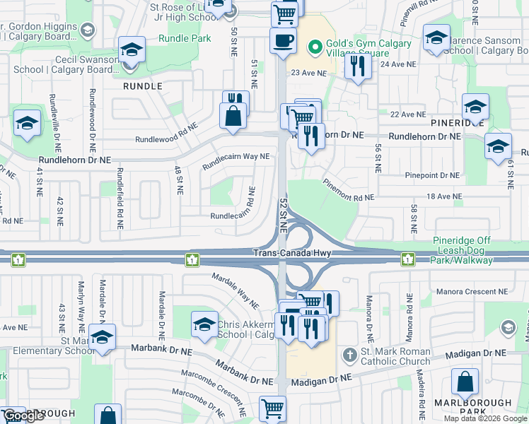 map of restaurants, bars, coffee shops, grocery stores, and more near 852 Rundlecairn Way Northeast in Calgary