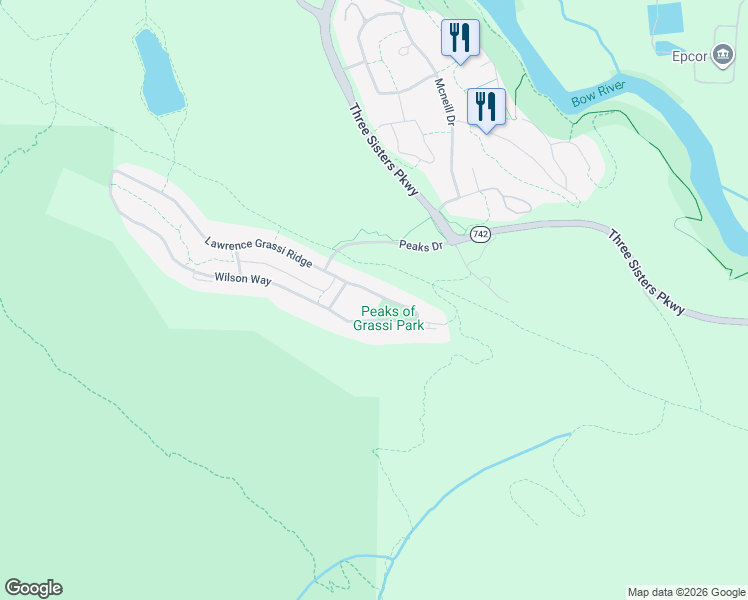 map of restaurants, bars, coffee shops, grocery stores, and more near 840 Lawrence Grassi Ridge in Canmore