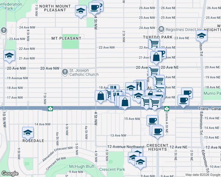 map of restaurants, bars, coffee shops, grocery stores, and more near in Calgary