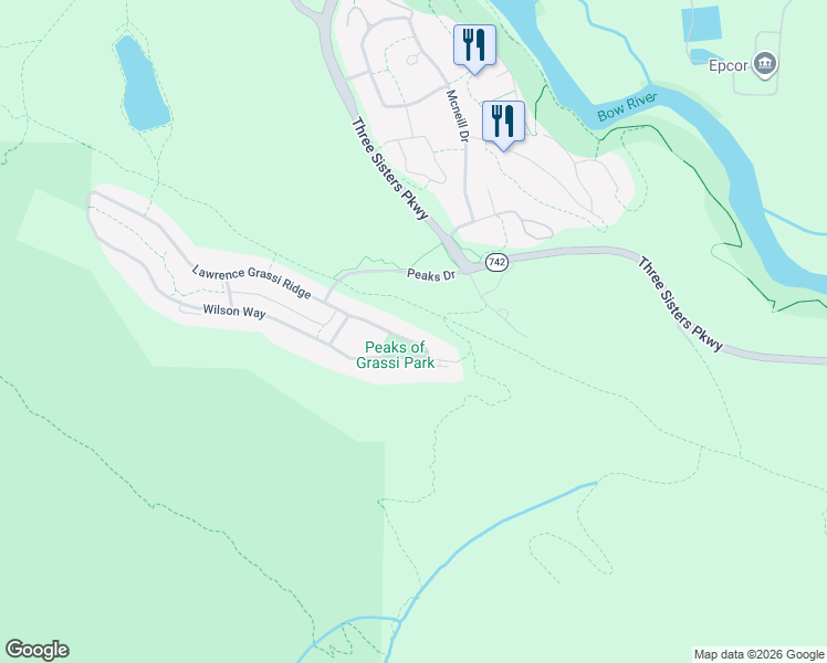 map of restaurants, bars, coffee shops, grocery stores, and more near 822 Lawrence Grassi Ridge in Canmore