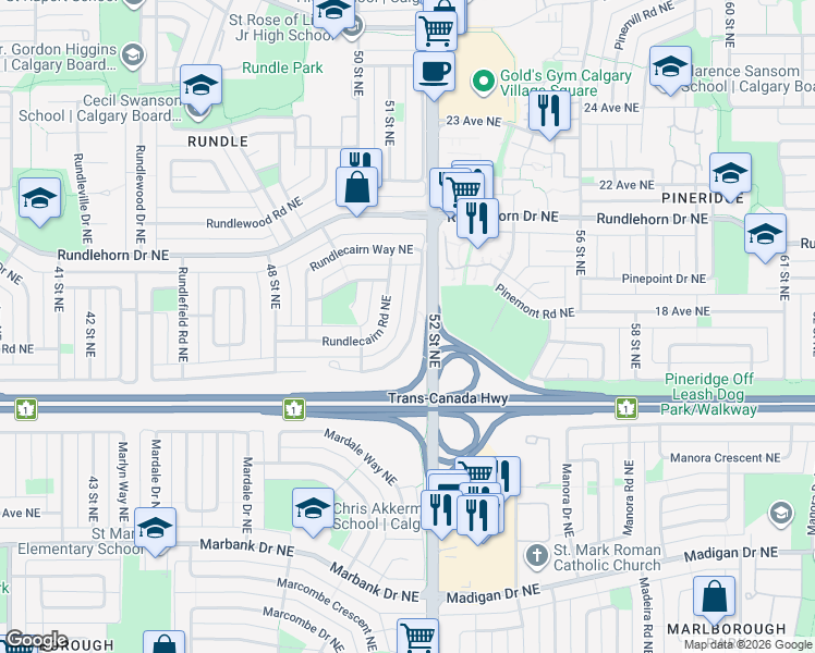 map of restaurants, bars, coffee shops, grocery stores, and more near 852 Rundlecairn Way Northeast in Calgary