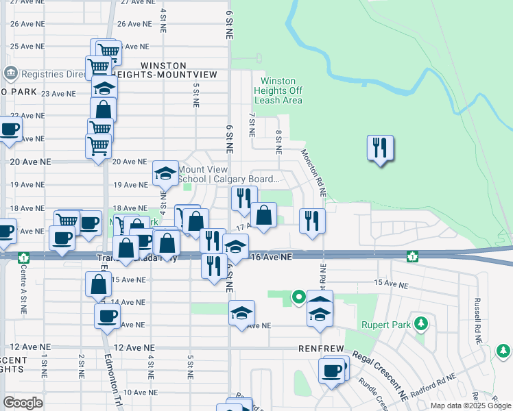 map of restaurants, bars, coffee shops, grocery stores, and more near 20 Montrose Crescent Northeast in Calgary