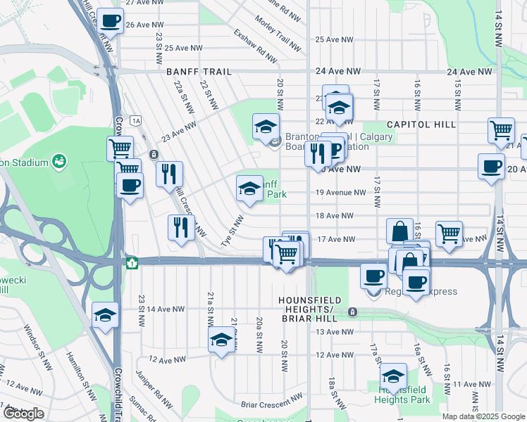 map of restaurants, bars, coffee shops, grocery stores, and more near 2116 Victoria Crescent Northwest in Calgary