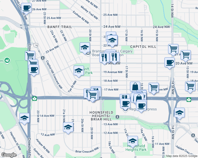map of restaurants, bars, coffee shops, grocery stores, and more near 2004 18 Avenue Northwest in Calgary
