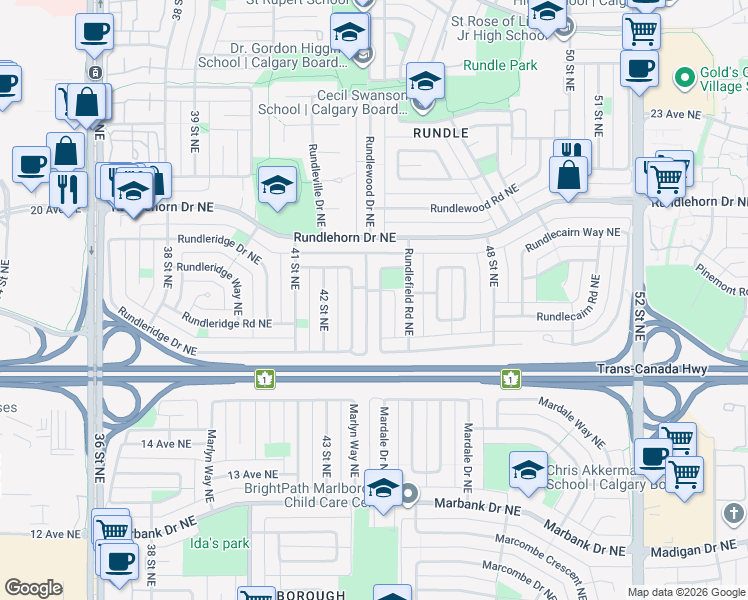 map of restaurants, bars, coffee shops, grocery stores, and more near 148 Rundlefield Crescent Northeast in Calgary