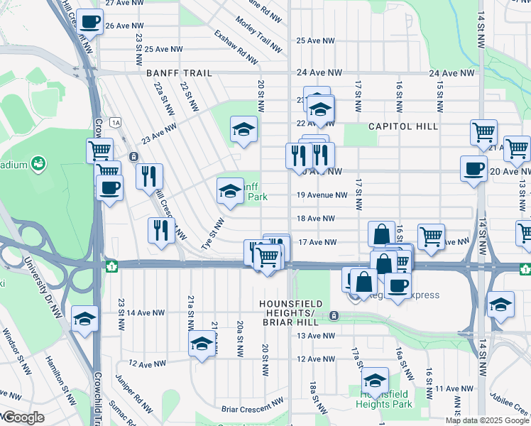 map of restaurants, bars, coffee shops, grocery stores, and more near 2026 18 Avenue Northwest in Calgary