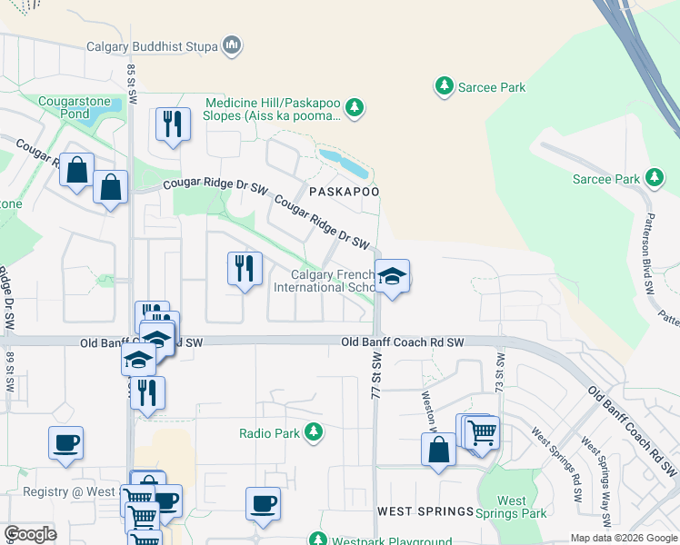 map of restaurants, bars, coffee shops, grocery stores, and more near 19 Cougar Ridge Bay Southwest in Calgary