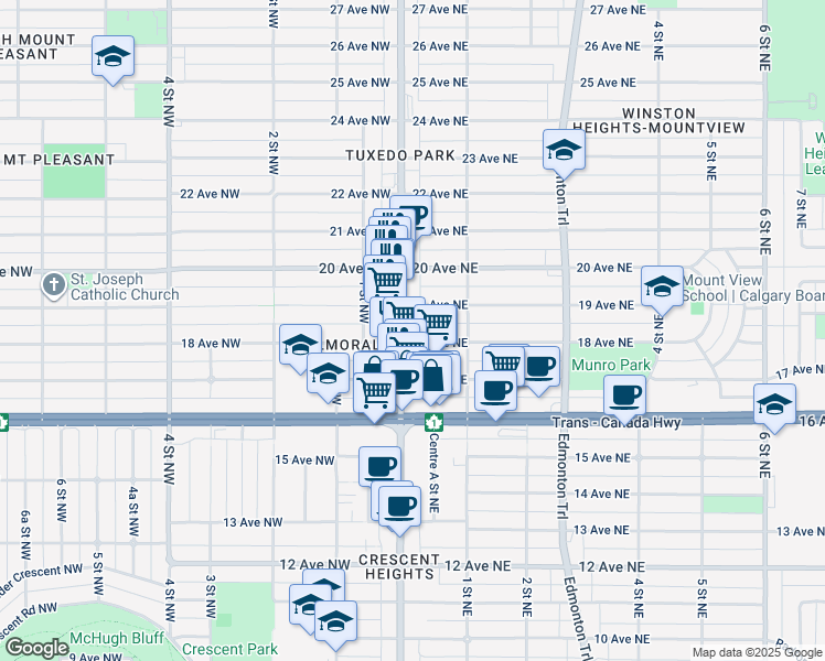 map of restaurants, bars, coffee shops, grocery stores, and more near 116 18 Avenue Northeast in Calgary