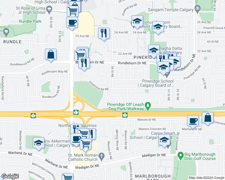 map of restaurants, bars, coffee shops, grocery stores, and more near 369 Pinemont Road Northeast in Calgary