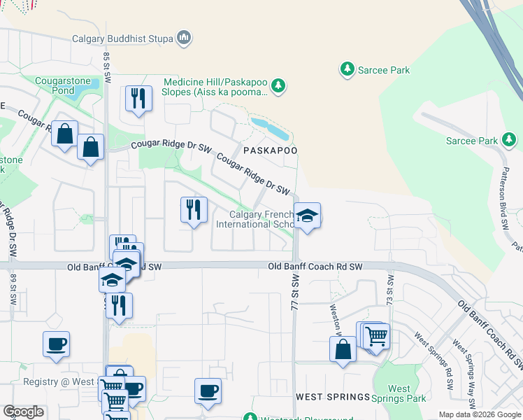 map of restaurants, bars, coffee shops, grocery stores, and more near 19 Cougar Ridge Bay Southwest in Calgary