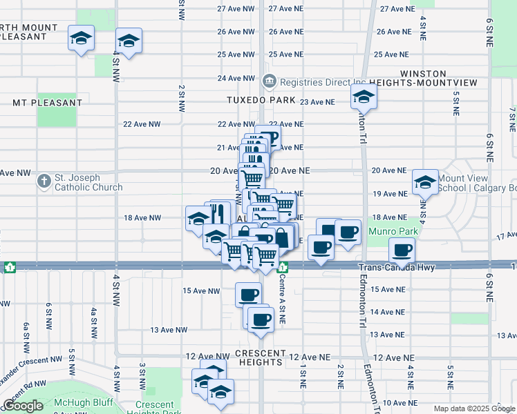 map of restaurants, bars, coffee shops, grocery stores, and more near 1818 Centre Street Northwest in Calgary