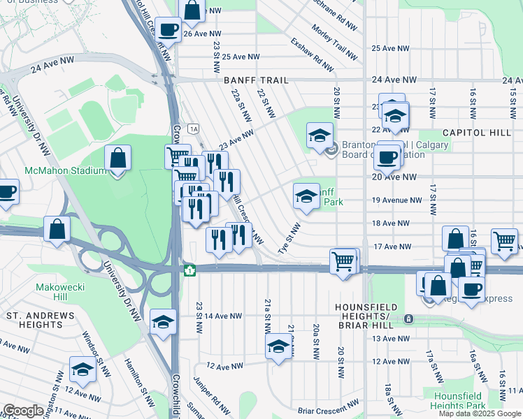 map of restaurants, bars, coffee shops, grocery stores, and more near 2239 Halifax Crescent Northwest in Calgary