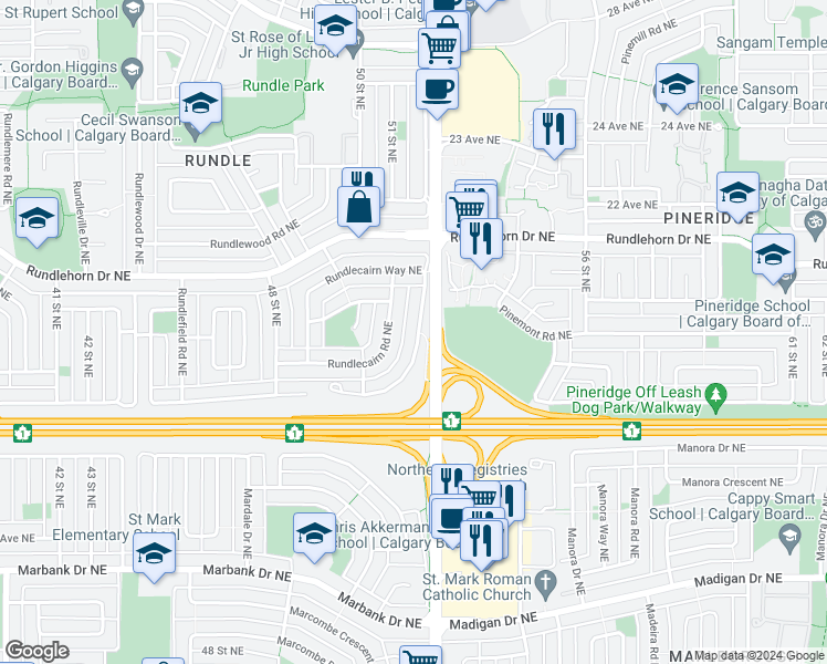 map of restaurants, bars, coffee shops, grocery stores, and more near 864 Rundlecairn Way Northeast in Calgary