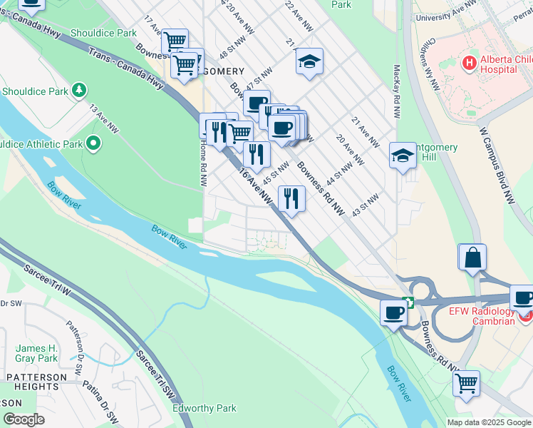 map of restaurants, bars, coffee shops, grocery stores, and more near 4520 Montgomery Avenue Northwest in Calgary