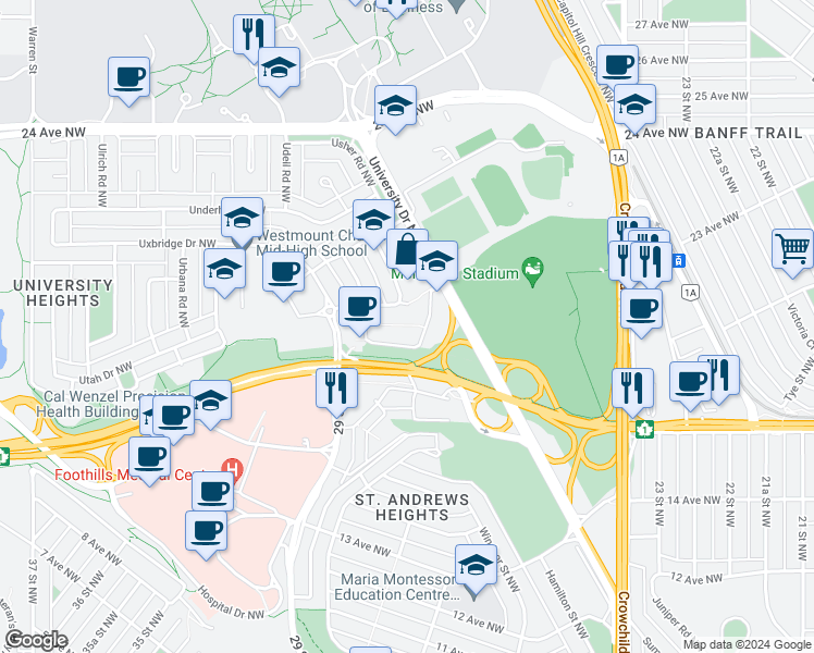 map of restaurants, bars, coffee shops, grocery stores, and more near 1919 University Drive Northwest in Calgary