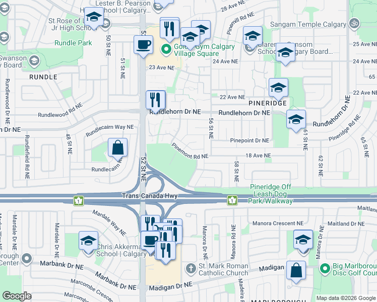 map of restaurants, bars, coffee shops, grocery stores, and more near 334 Pinemont Road Northeast in Calgary