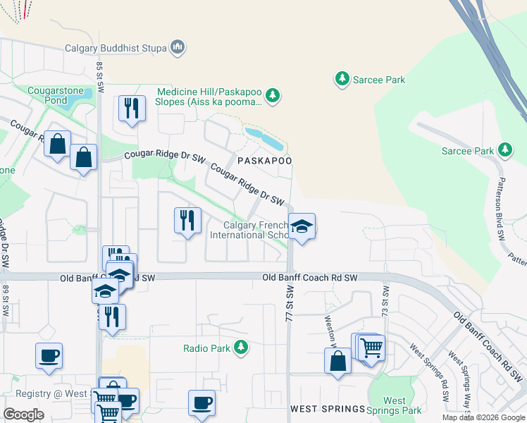 map of restaurants, bars, coffee shops, grocery stores, and more near 19 Cougar Ridge Bay Southwest in Calgary