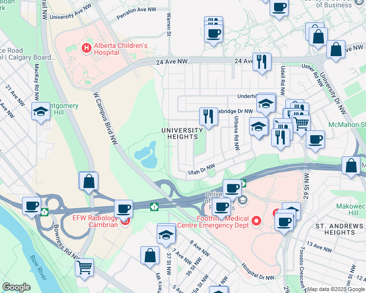 map of restaurants, bars, coffee shops, grocery stores, and more near 3704 Utah Drive Northwest in Calgary