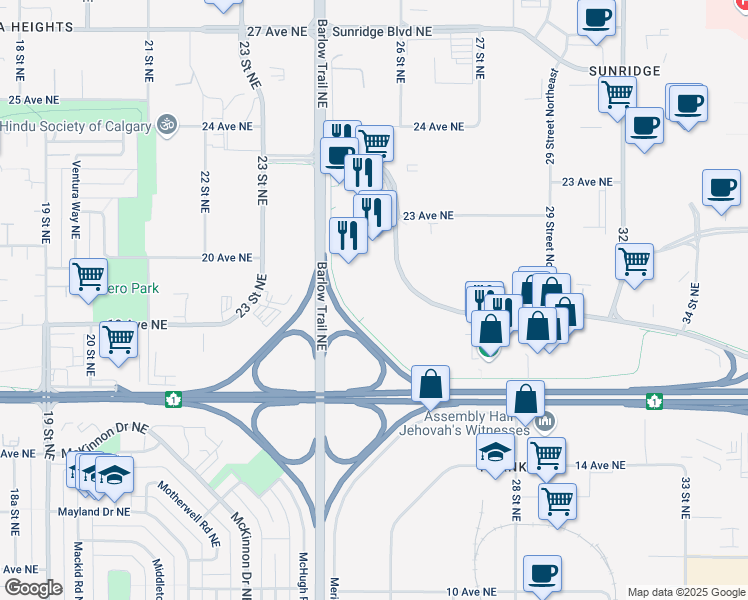 map of restaurants, bars, coffee shops, grocery stores, and more near 2891 Sunridge Way Northeast in Calgary