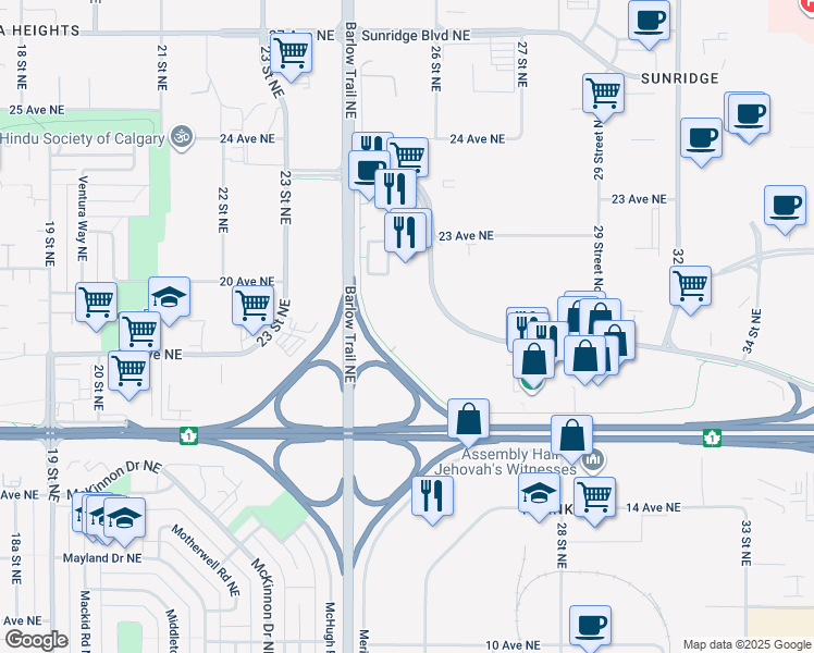 map of restaurants, bars, coffee shops, grocery stores, and more near 2891 Sunridge Way Northeast in Calgary