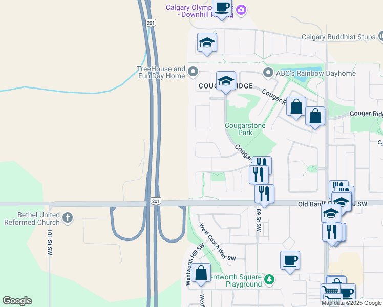 map of restaurants, bars, coffee shops, grocery stores, and more near 114 Cougarstone Close Southwest in Calgary