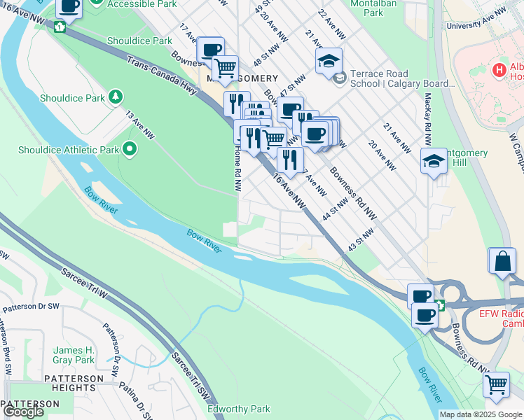 map of restaurants, bars, coffee shops, grocery stores, and more near 4619 Monterey Avenue Northwest in Calgary