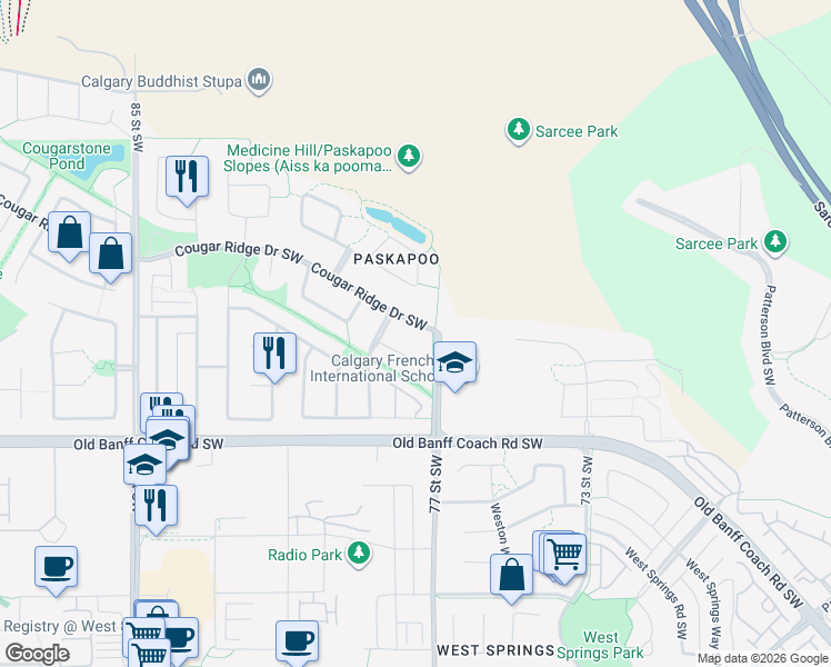map of restaurants, bars, coffee shops, grocery stores, and more near 111 Cougar Ridge Drive Southwest in Calgary