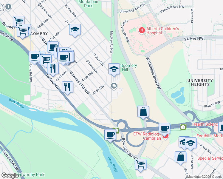 map of restaurants, bars, coffee shops, grocery stores, and more near 2021 Mackay Road Northwest in Calgary