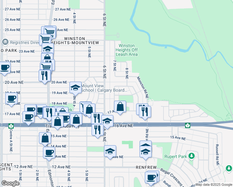 map of restaurants, bars, coffee shops, grocery stores, and more near 2 Marsden Road Northeast in Calgary