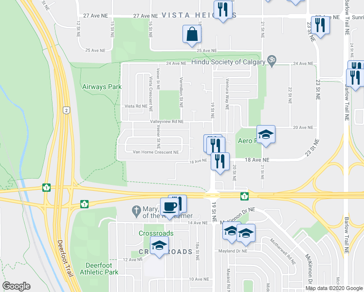 map of restaurants, bars, coffee shops, grocery stores, and more near 259 Van Horne Crescent Northeast in Calgary