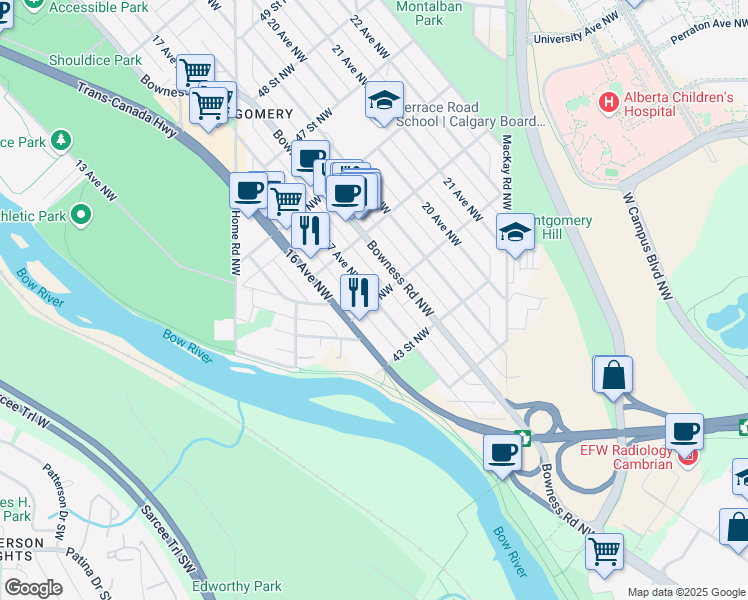 map of restaurants, bars, coffee shops, grocery stores, and more near 17 Ave NW & 44 St NW in Calgary