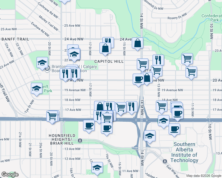 map of restaurants, bars, coffee shops, grocery stores, and more near in Calgary