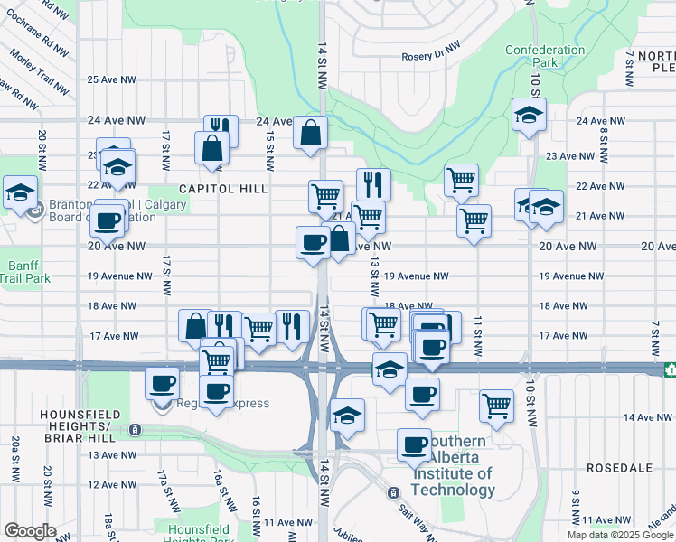 map of restaurants, bars, coffee shops, grocery stores, and more near in Calgary