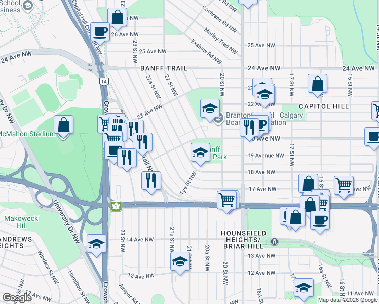 map of restaurants, bars, coffee shops, grocery stores, and more near 2224 Victoria Crescent Northwest in Calgary