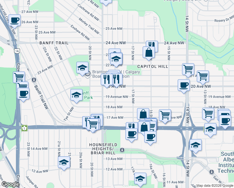 map of restaurants, bars, coffee shops, grocery stores, and more near in Calgary