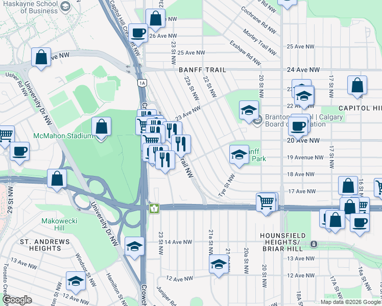 map of restaurants, bars, coffee shops, grocery stores, and more near 2312 Capitol Hill Crescent Northwest in Calgary