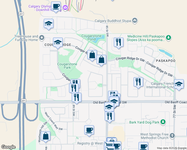 map of restaurants, bars, coffee shops, grocery stores, and more near 13 Cougarstone Villas Southwest in Calgary