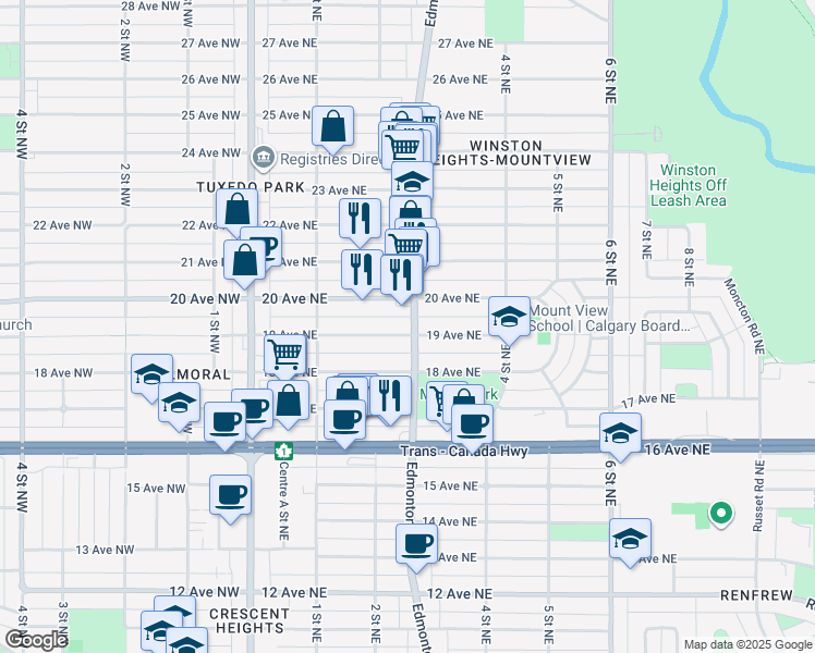 map of restaurants, bars, coffee shops, grocery stores, and more near 264 19 Avenue Northeast in Calgary