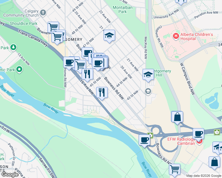 map of restaurants, bars, coffee shops, grocery stores, and more near in Calgary