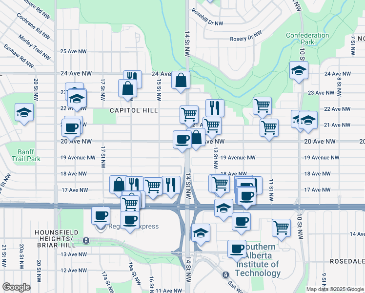 map of restaurants, bars, coffee shops, grocery stores, and more near in Calgary