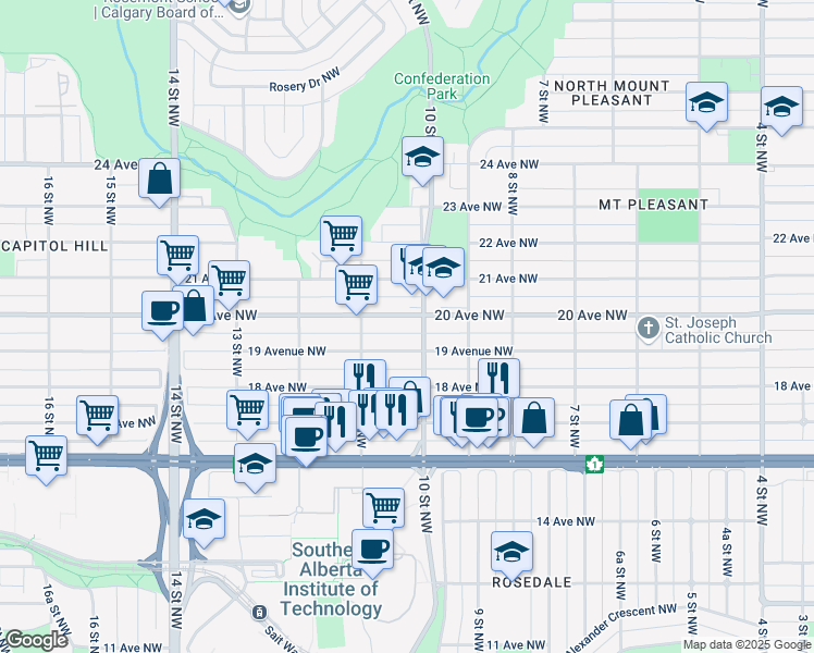 map of restaurants, bars, coffee shops, grocery stores, and more near 1109 20 Avenue Northwest in Calgary