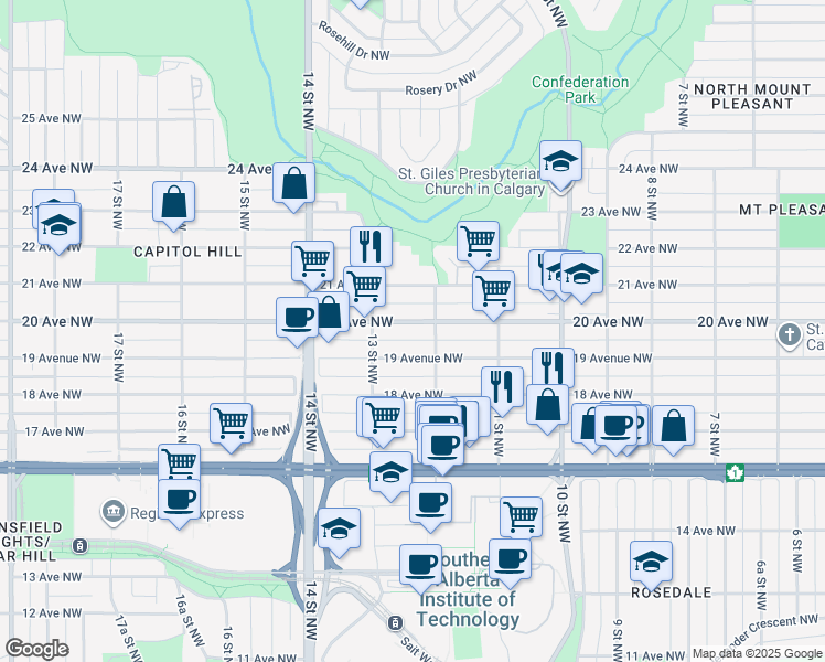 map of restaurants, bars, coffee shops, grocery stores, and more near 2055 12 Street Northwest in Calgary