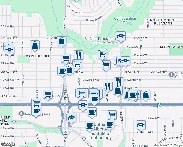 map of restaurants, bars, coffee shops, grocery stores, and more near 2055 12 Street Northwest in Calgary